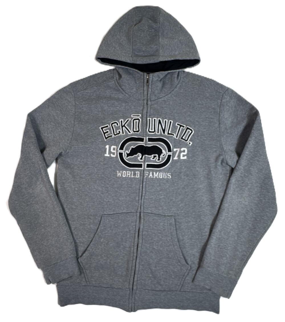 Ecko Unltd Men's M Gray Full Zip Hoodie Embroidered Rhino 1972 Y2K 2000s